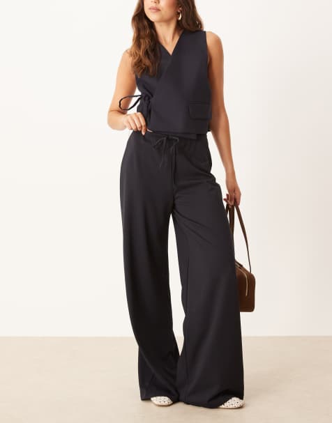 Mango straight leg tie front trouser in navy - view 1