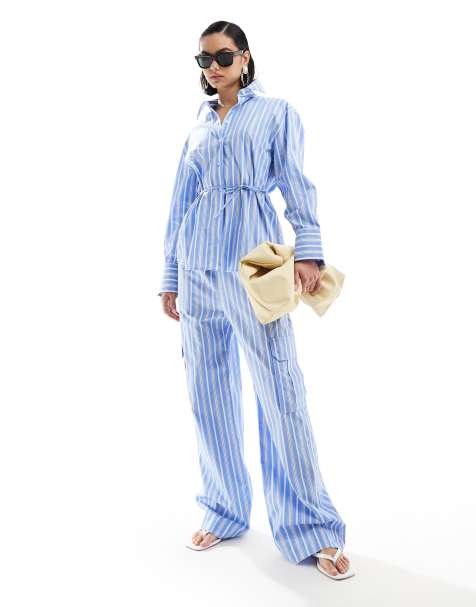 Mango straight leg tie waist striped co-ord trousers in blue