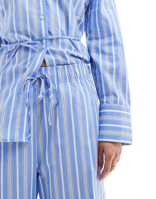 スペイン発送 MANGO ストライプストレートパンツ セットアップも Mango straight leg tie waist striped pants in blue - part of