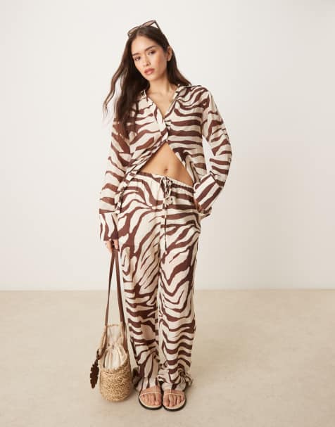 Mango straight leg trouser co-ord in brown zebra print - view 1