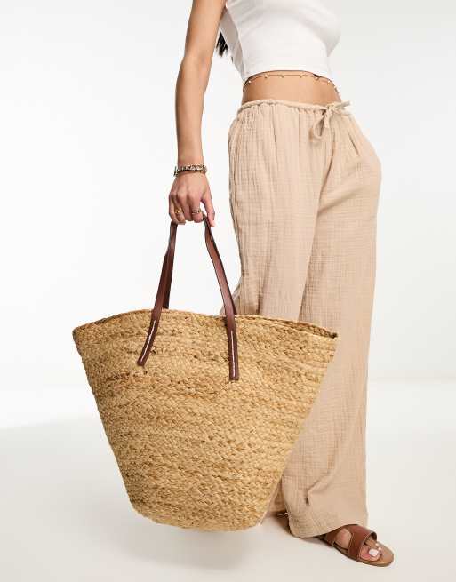 Mango - Strandtas van stro met bruine banden van imitatieleer in naturel , 4 van 4