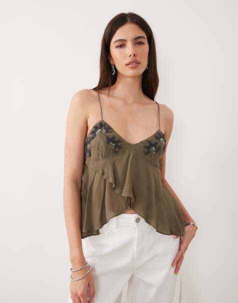 Mango strappy beaded flowy top in green - view 1