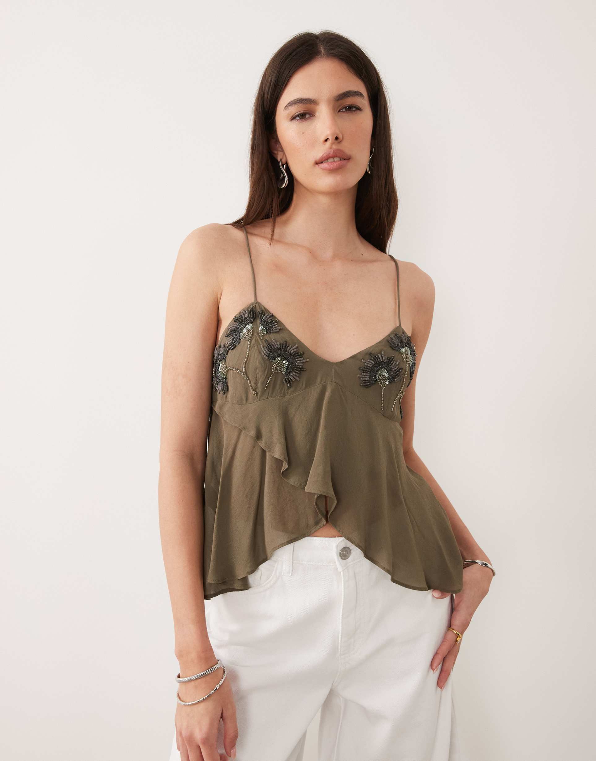 mango strappy beaded flowy top in green