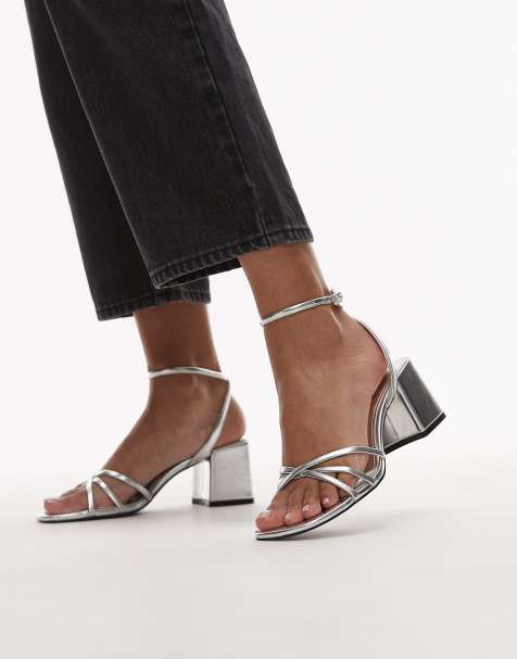 Mango strappy block heels in silver - view 1