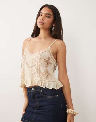 Mango strappy cami top with bead detail in beige