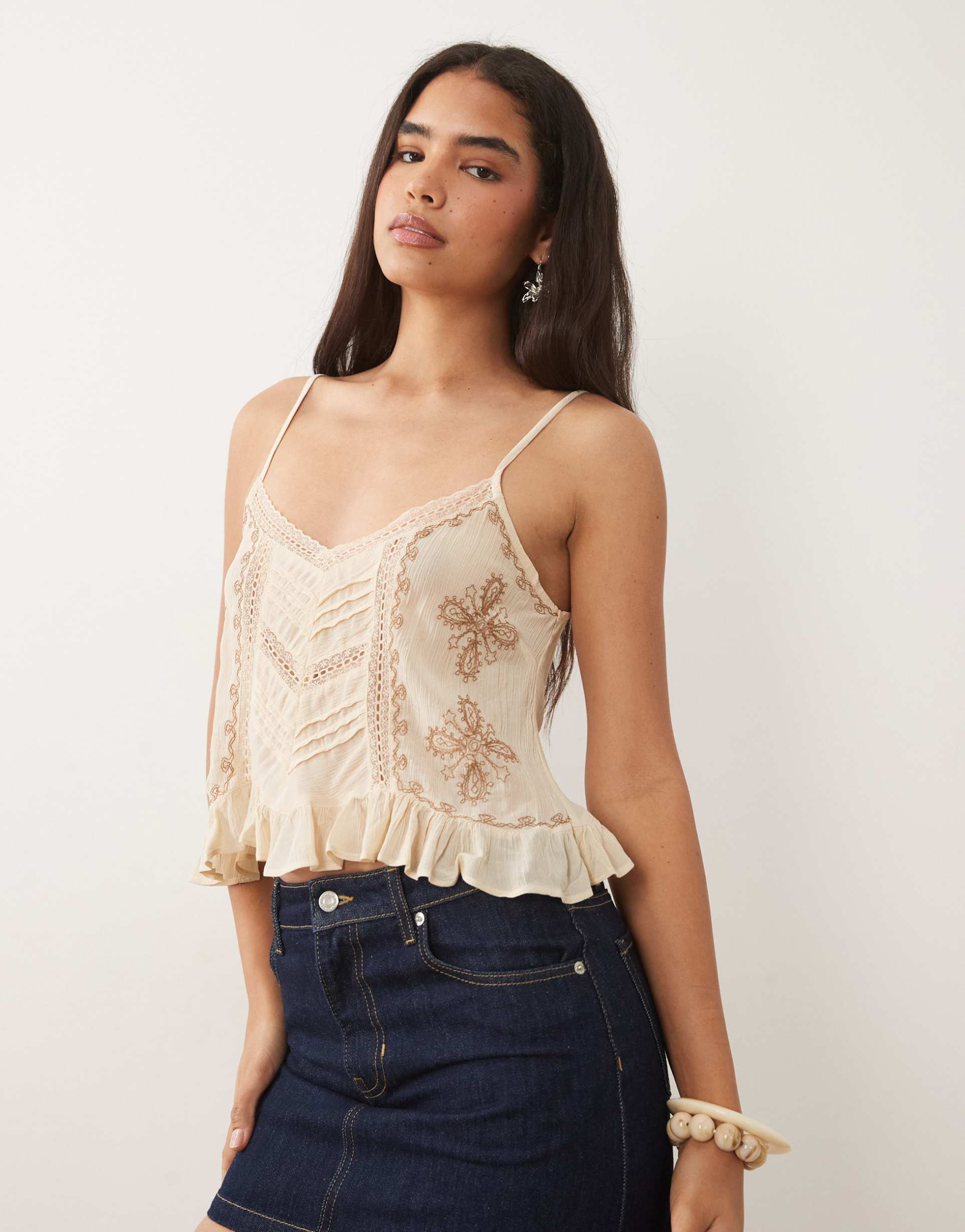 mango strappy cami top with bead detail in beige