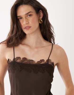 Mango Strappy Cami Top With Lace Trim In Brown