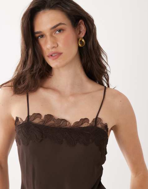 Mango strappy cami top with lace trim in brown - view 1