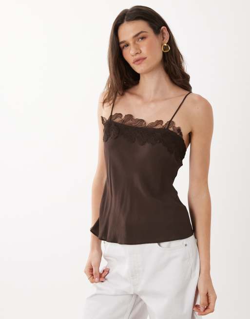 Mango strappy cami top with lace trim in brown, 3 of 4
