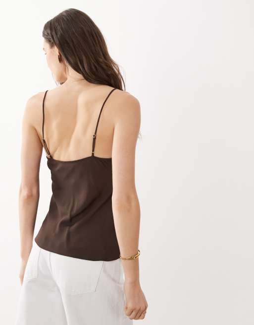 Mango strappy cami top with lace trim in brown, 4 of 4