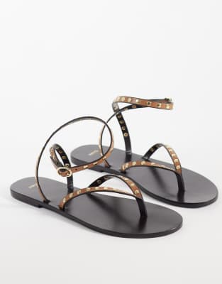 Mango Strappy Flat Sandals With Studs In Brown
