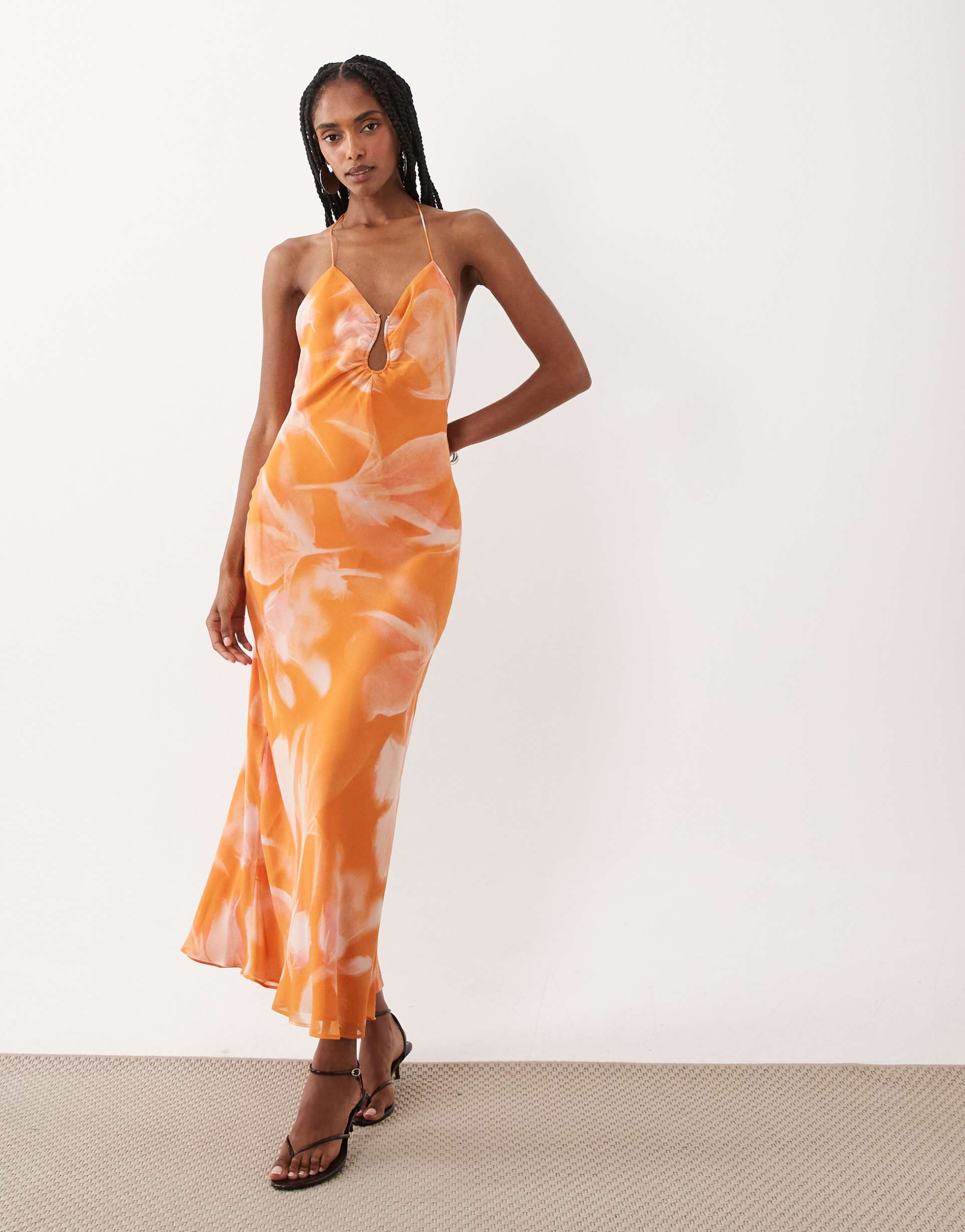 mango strappy maxi dress in orange blown out floral print