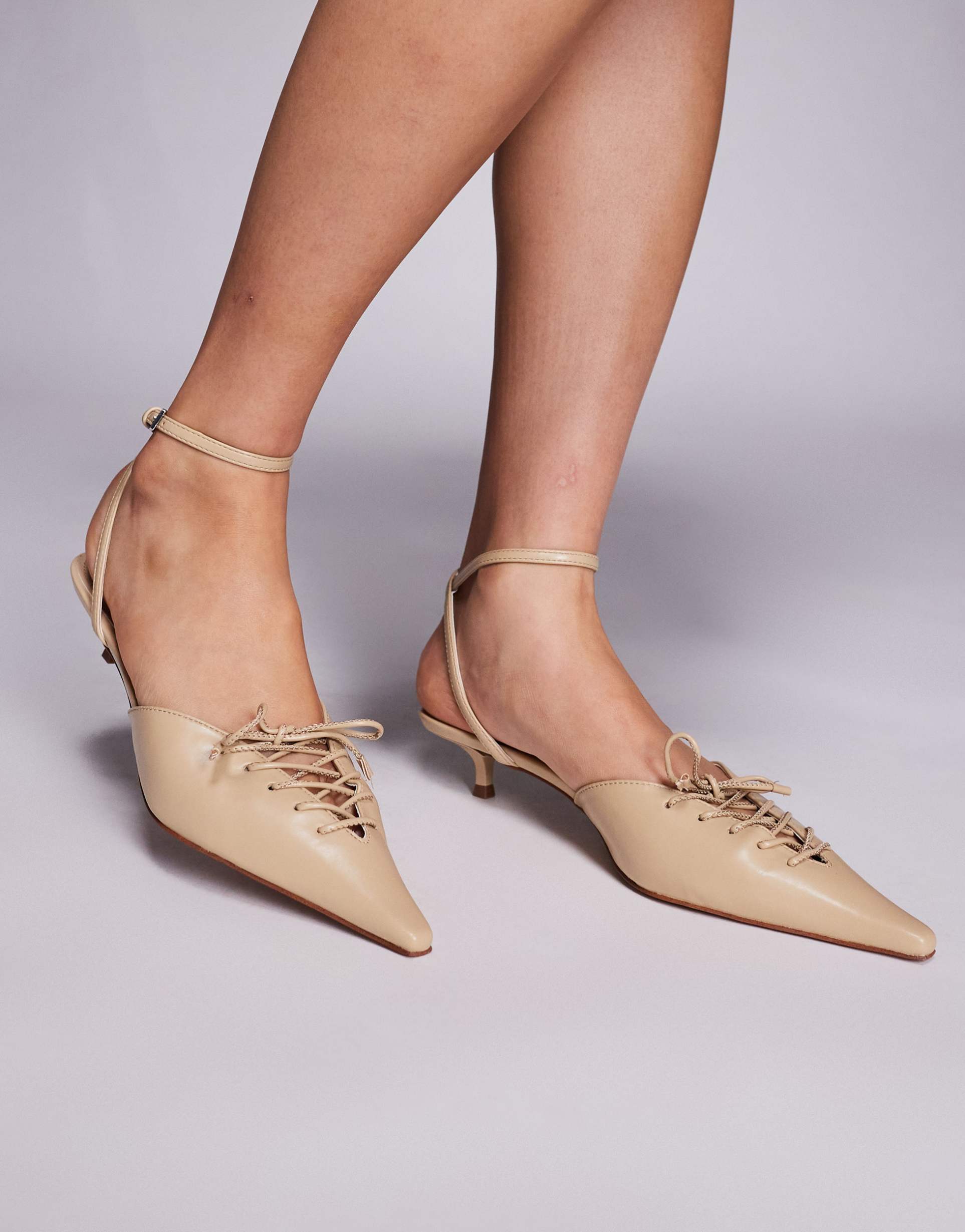 mango strappy pointed kitten heels with lace up front in beige
