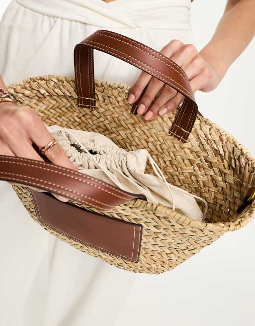 Straw and leather on sale bag