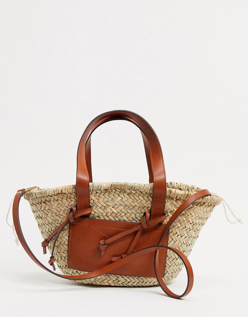 Mango straw bag with front panel in tan