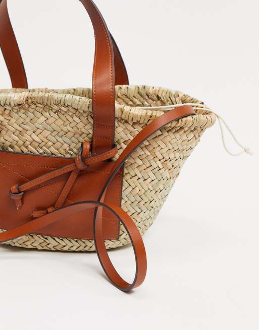 Mango straw bag with front panel in tan