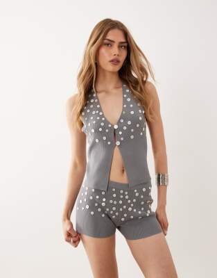Strick-Shorts in Grau mit Knopfverzierung, Kombiteil Grau L