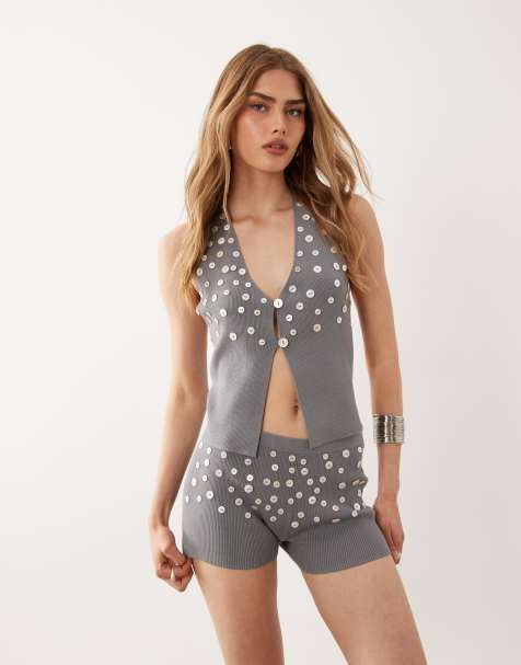 Mango – Strick-Shorts in Grau mit Knopfverzierung, Kombiteil - view 1