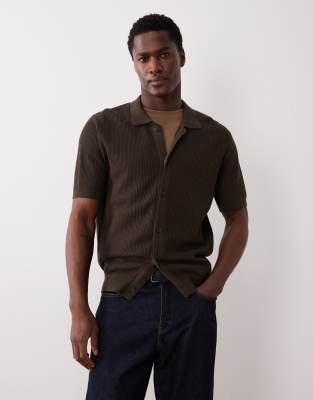 Strickjacke aus 100% Baumwolle in Braun mit Waffelstruktur und Knopfleiste-Brown Brown M