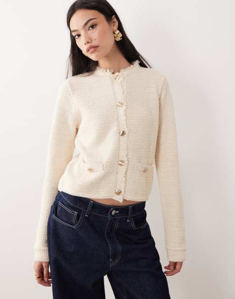 Mango – Strickjacke aus kompaktem Baumwollmix in Cremeweiß mit goldfarbenen Knöpfen - view 1