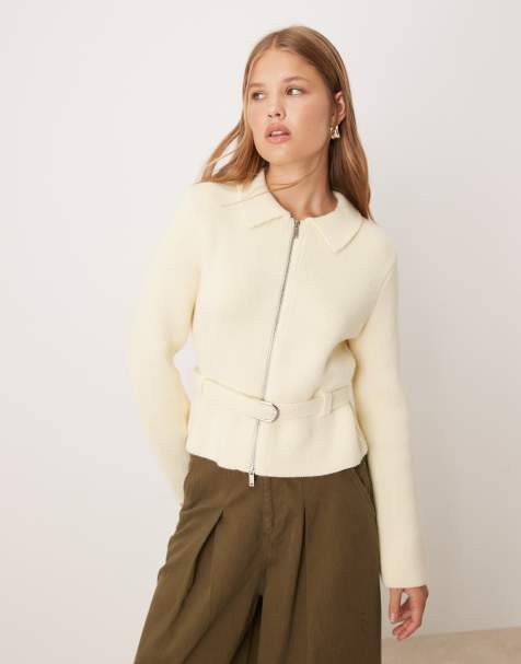 Mango – Strickjacke aus Wollmix in Beige mit Gürtel - view 1
