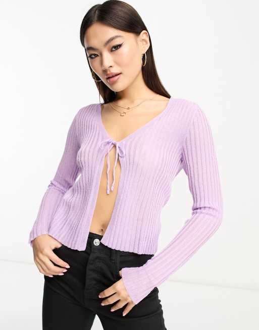 Mango – Strickjacke in Flieder gestreift mit Bindeband vorne