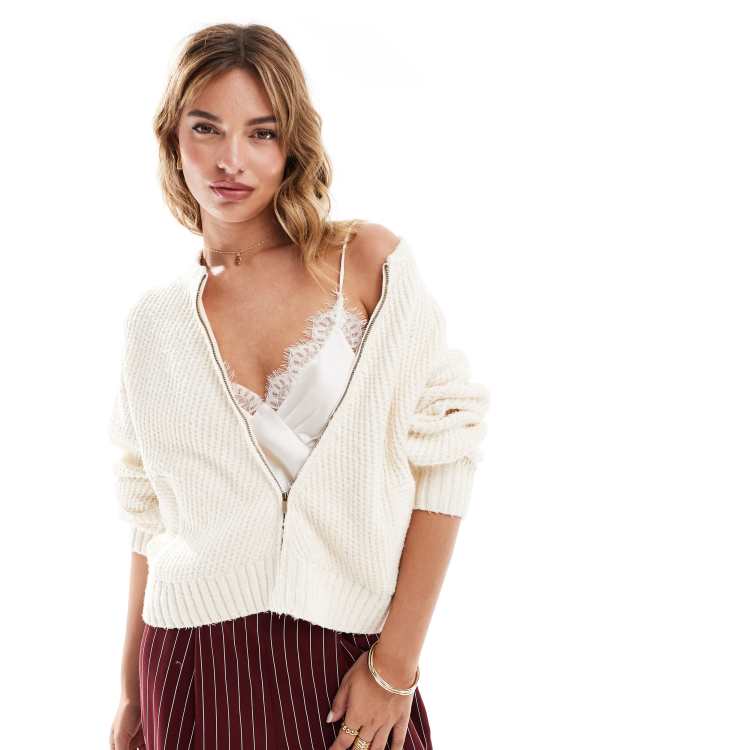 Mango – Strickjacke in Weiß mit Reißverschluss ASOS