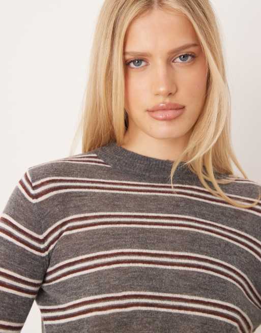 Mango – Strickoberteil in gestreiftem Grau mit Rundhalsausschnitt, 3 von 4