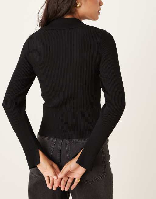 Mango – Strickoberteil in Schwarz mit Polokragen und goldfarbenen Knöpfen, 2 von 4