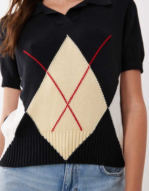 Mango Strickoberteil mit V-Ausschnitt und kurzen Ärmeln in Marineblau mit Argyle-Muster, 4 von 4