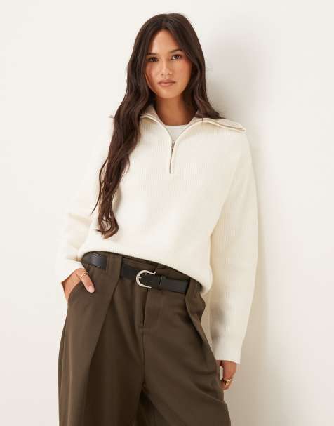 Mango – Strickpullover in Beige mit kurzem Reißverschluss - view 1