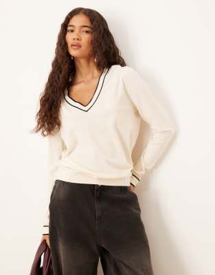 Mango - Strickpullover in Beige mit V-Ausschnitt mit Kontrast-Zierstreifen-Neutral