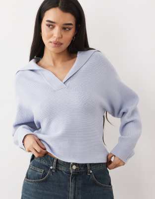 Mango - Strickpullover in Pastellblau mit V-Ausschnitt