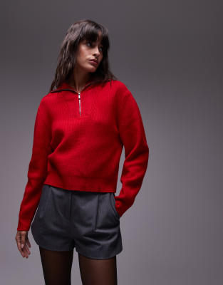 Mango - Strickpullover in Rot mit kurzem Reißverschluss