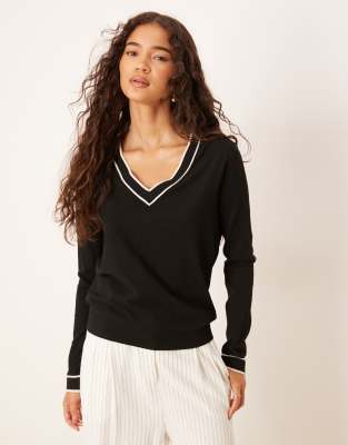 Mango - Strickpullover in Schwarz mit V-Ausschnitt und Kontrast-Zierstreifen