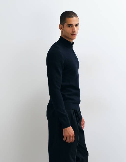 Mango Strickpullover mit Baumwollmix und Viertelreißverschluss in Marineblau, 4 von 5