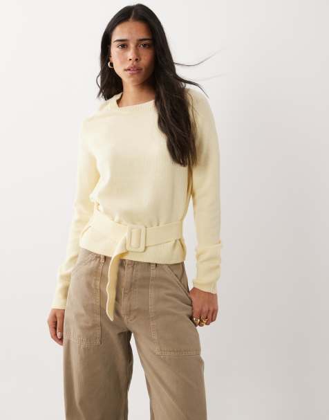 Mango Strickpullover mit Gürtel in Hellgelb - view 1