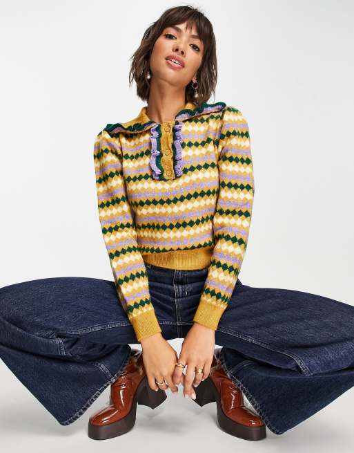 Mango – Strickpullover mit Kragen und Rüschendetail in Retro-Streifen
