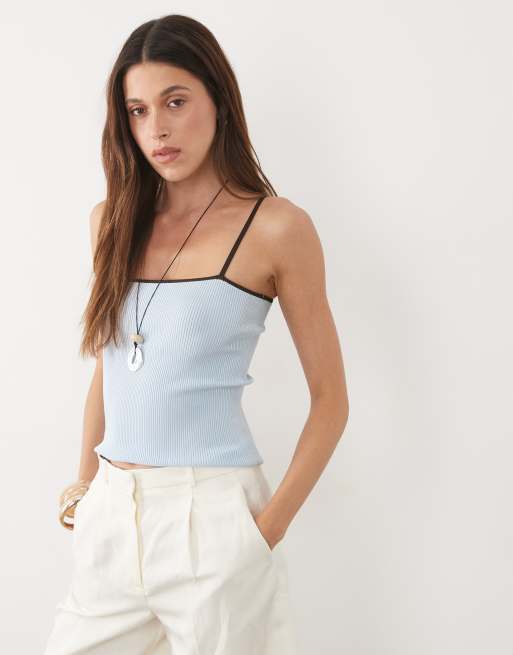 Mango strikket cami-top i lyseblå med brun kant, 3 af 4