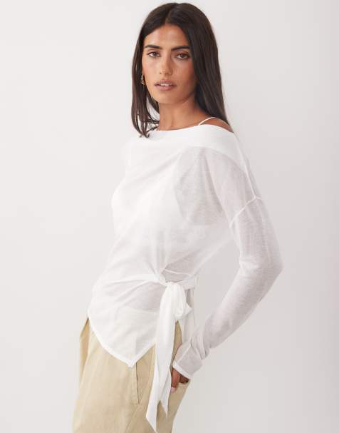 Mango strikket top med bindebånd i siden i beige - view 1