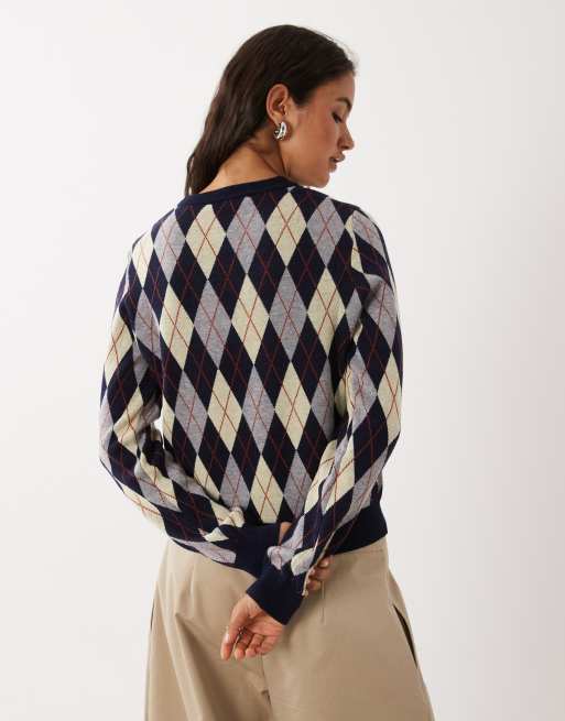 Mango striktrøje med navy- og brun argyle-print, 4 af 4