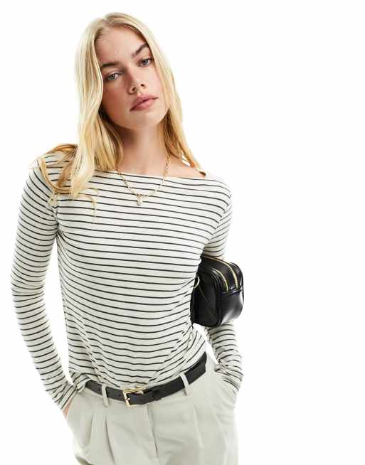 Mango stripe boat neck long sleeve top in light gray