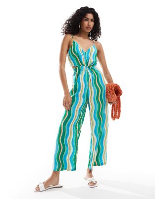 Mango Mango stripe cami wide leg jumpsuit in green