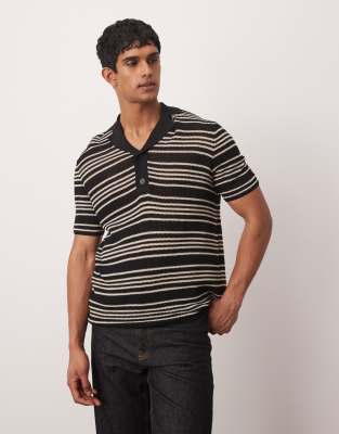 Mango Mango stripe crochet poloshirt in black & white