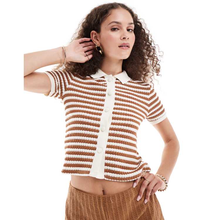 Mango stripe knitted co-ord polo top in brown ASOS