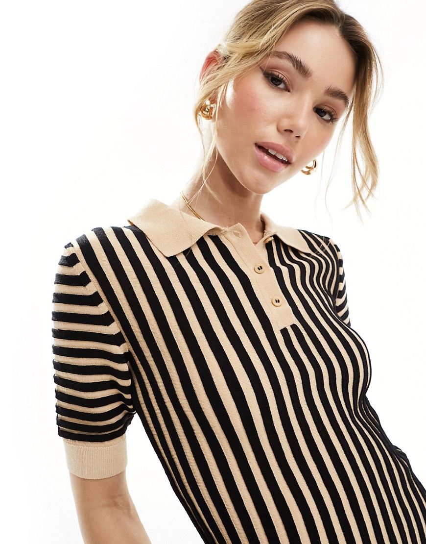 Shop Mango Stripe Knitted Polo In Black And Brown