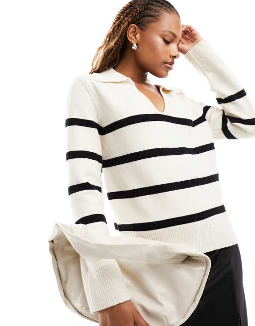 Mango stripe open neck sweater in white