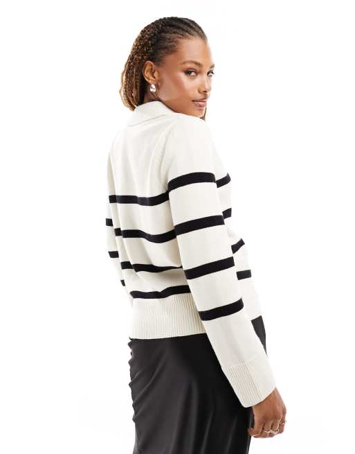 Mango stripe open neck sweater in white