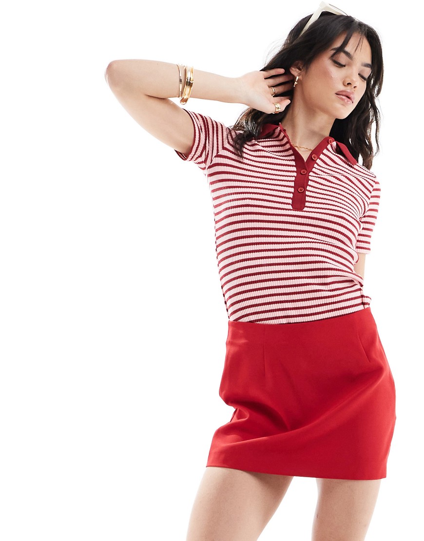 Mango stripe polo neck top in pink and red