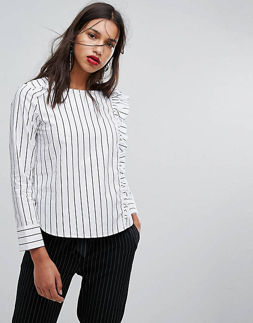 Mango Stripe Ruffle And Pearl Detail Shirt | ASOS